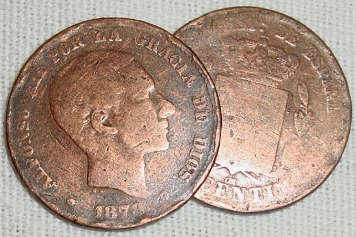 Monedas alfonsinas utilizadas para el juego de las chapas.